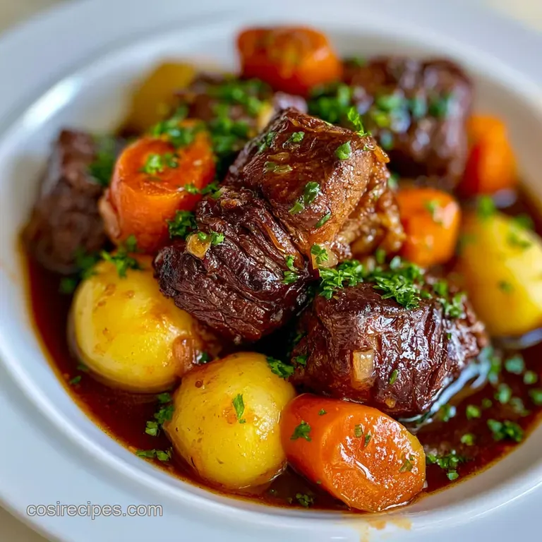 A rustic ceramic bowl of chunky meat and root vegetable stew garnished with fresh parsley on a dark wooden table.
