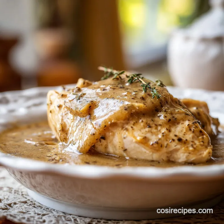Plump, golden-brown chicken pieces nestled in savory gravy, artfully arranged with a side of vibrant green beans.
