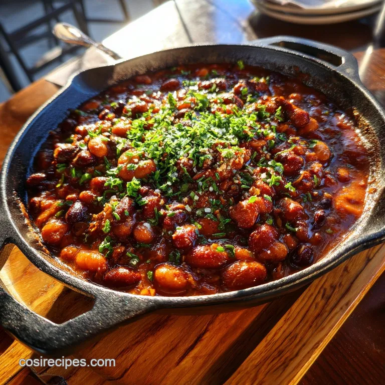 Glossy, slow-cooked beans in a white bowl, garnished with fresh herbs. Smoky aroma rises from the rustic cowboy dish.
