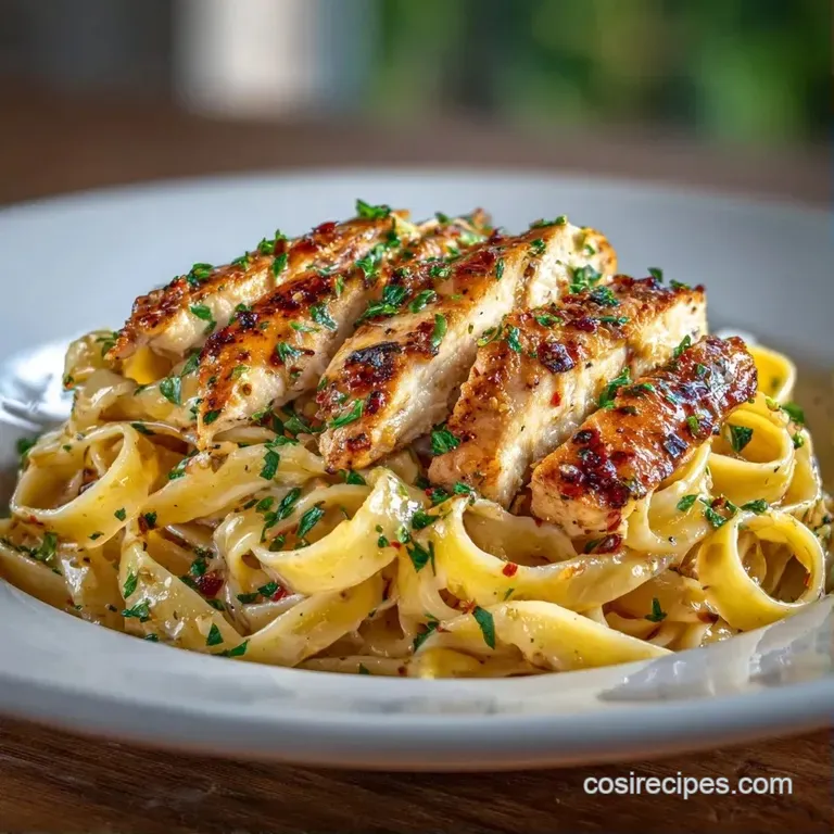 Two elegant white bowls of creamy pasta topped with sliced golden chicken, dusted with parmesan and fresh herbs.