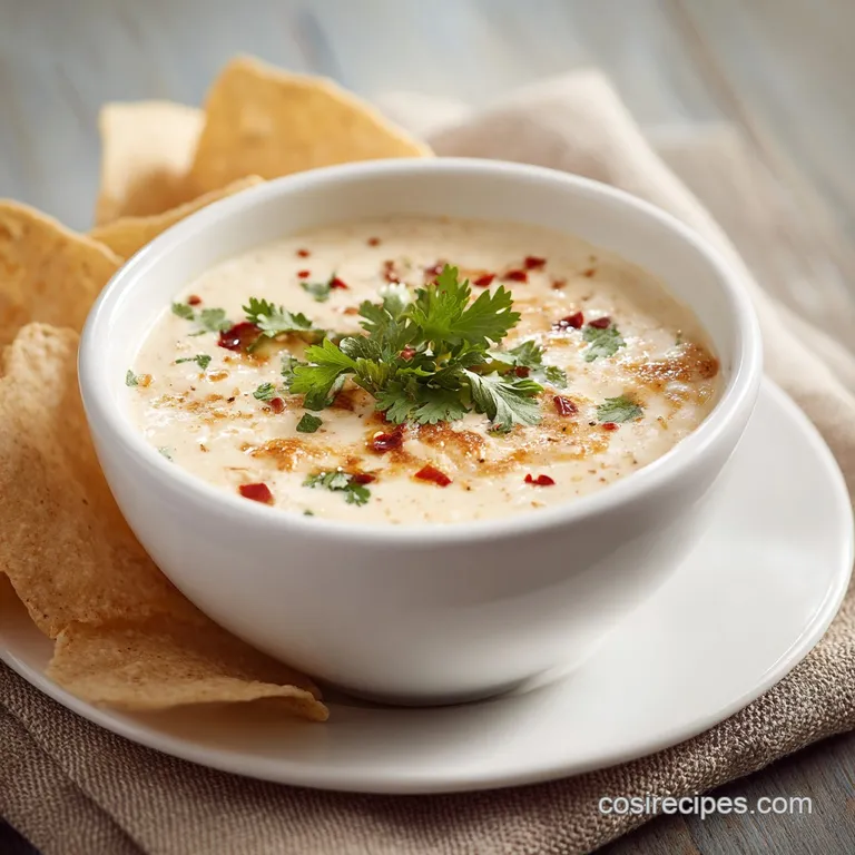 A swirl of golden queso dip served in a rustic ceramic bowl, topped with a sprinkle of fresh chives.