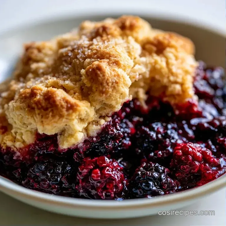 A scoop of warm berry crumble topped with melting vanilla bean ice cream and a sprig of fresh mint on a white plate.