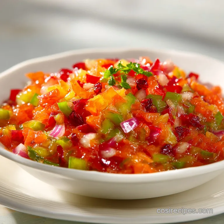 Bright and colorful chow chow relish overflowing from a mason jar, adding a tangy zest to grilled sausage on a toasted bun.
