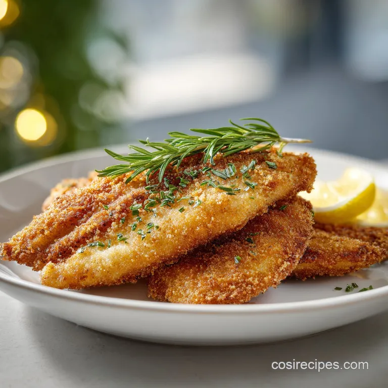 Generous fillet of shatteringly crisp fried fish, golden-brown, artfully plated with a squeeze of lemon and fresh parsley.