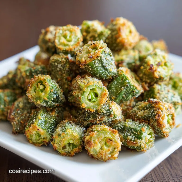 Plated fried okra with creamy dipping sauce. Golden-crisp coating contrasts with the bright green okra inside. Garnished w...