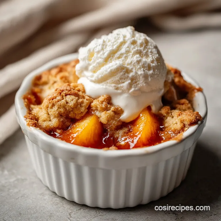 Individual peach cobbler in a ramekin, topped with vanilla ice cream melting slightly into the warm, caramelized fruit and...