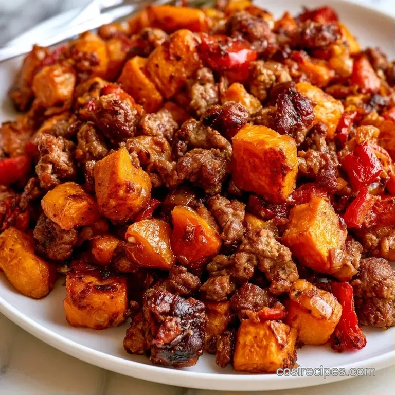 Colorful beef and orange sweet potato cubes topped with sliced avocado and lime on a clean white ceramic plate.