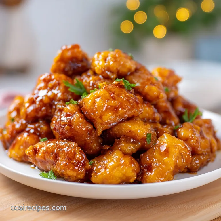 Glazed golden chicken pieces garnished with toasted sesame seeds and scallions on a white plate with steamed broccoli.