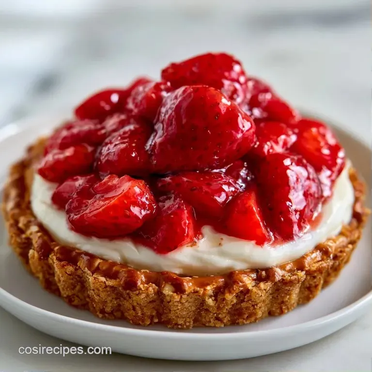 A precise square slice of glossy red gelatin and airy cream atop a golden crust, plated on a white ceramic dish.