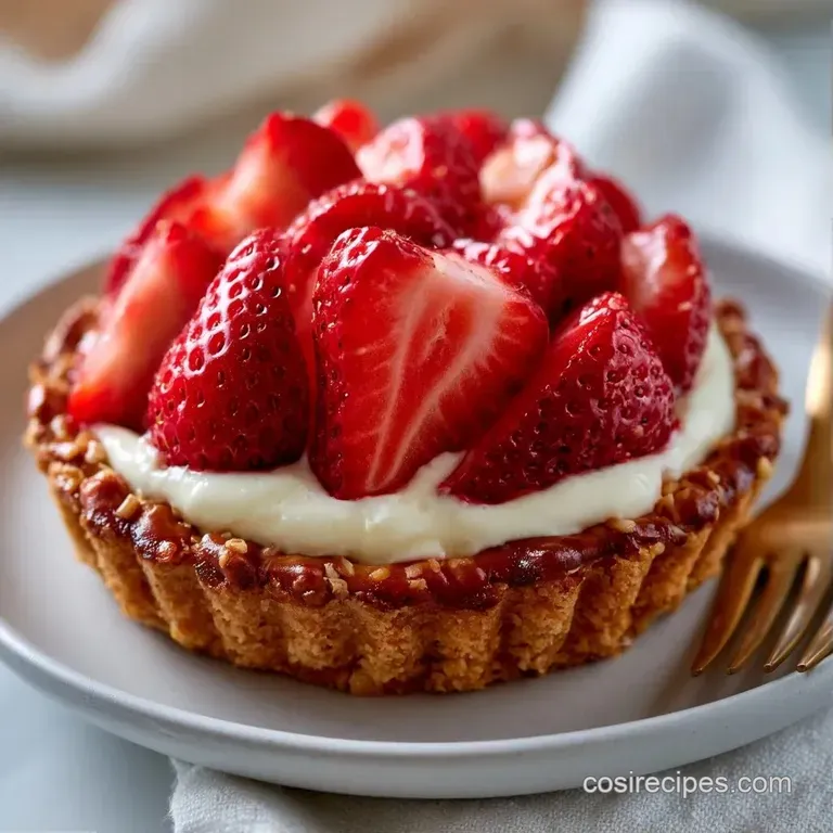 Vibrant red glazed strawberries atop a thick layer of fluffy white cream in a chilled glass serving dish.