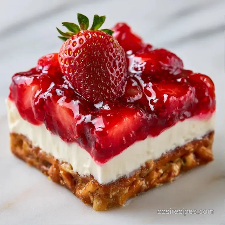 A neat square slice showing distinct layers of golden crust, fluffy white cream, and vibrant red gelatin on a plate.