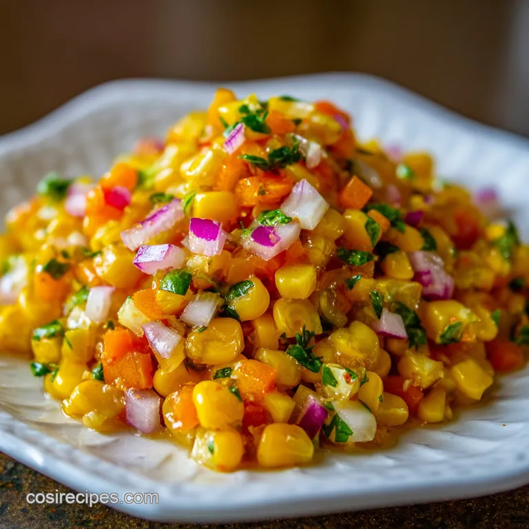 Bright corn relish spooned onto grilled sausage, offering a textural counterpoint. Condiment is glistening and fresh.