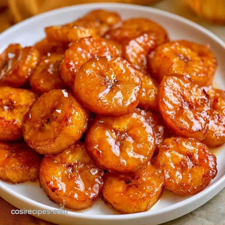 Slices of honey-gold fried plantains arranged neatly on a white plate, garnished with a sprinkle of fresh cilantro.
