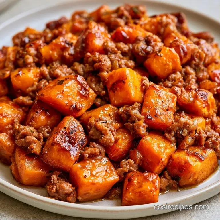 Vibrant orange roasted sweet potatoes and seasoned crumbled beef neatly arranged in a white ceramic bowl