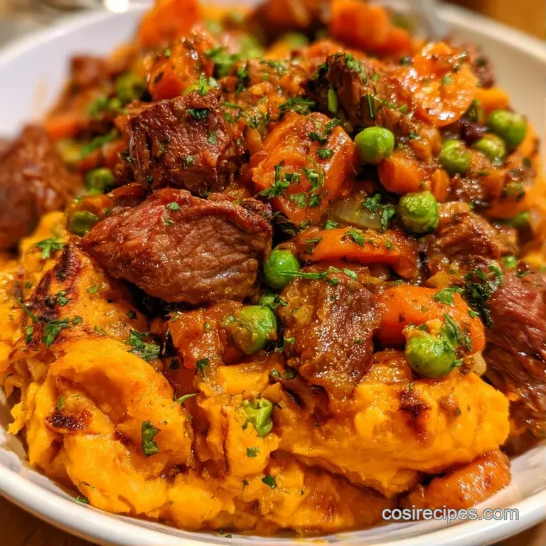 Neatly plated slice of savory beef and vibrant orange sweet potato mash on a white ceramic plate with fresh herbs.