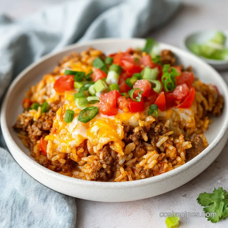 A single taco rice bowl shows layers: seasoned ground beef, bright toppings, and a drizzle of creamy sauce.