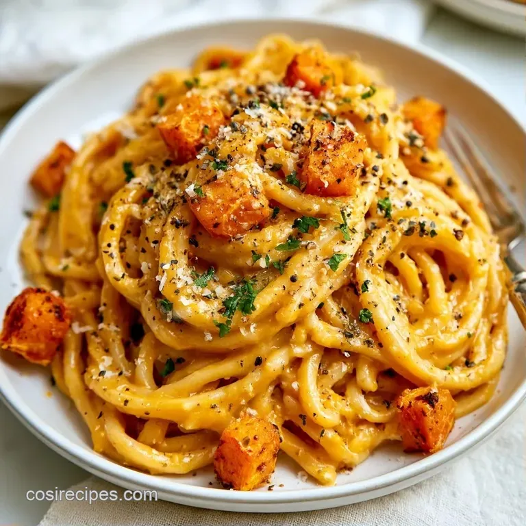 Velvety orange pasta swirl on a white ceramic plate, topped with fresh sage and a dusting of snowy parmesan.