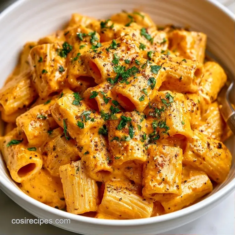 Elegant swirls of orange cream pasta topped with toasted walnuts and fresh herbs on a matte black dinner plate.