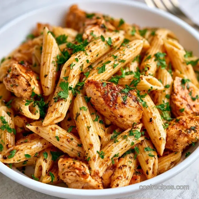 Elegant white plate of creamy pasta topped with golden turkey and fresh herbs on a rustic wooden background.