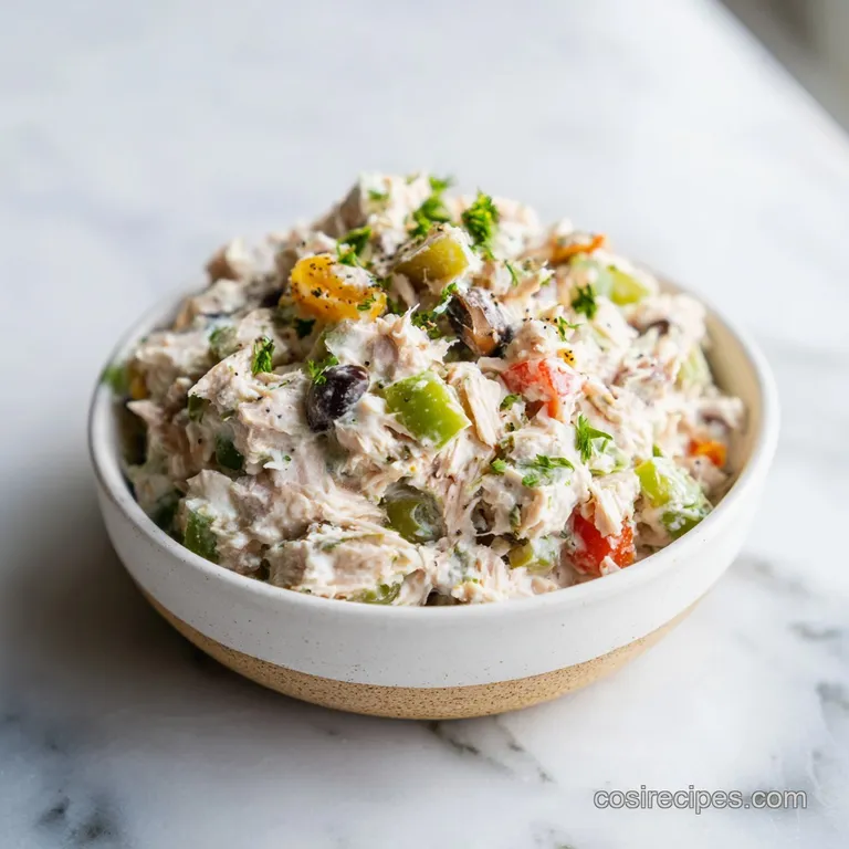 A neat scoop of tuna salad resting on a bed of crisp lettuce, garnished with sliced cucumber and tomato.