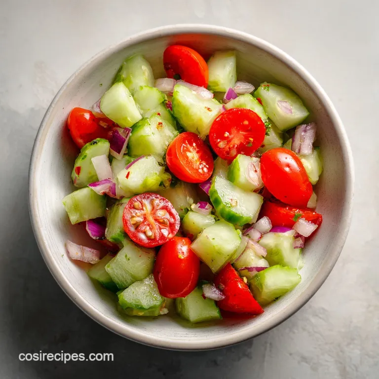 A bright medley of red tomatoes and sliced cucumbers on a white platter, garnished with fresh herbs and olive oil.