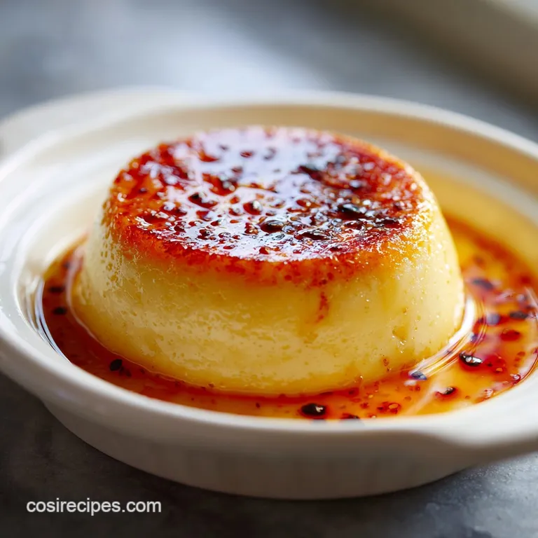 Individual creme brulee with glistening, burnt sugar top. A sprig of greenery provides a color contrast for a restaurant f...