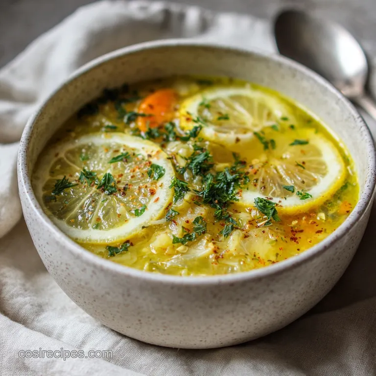 Elegant bowl of vibrant green detox soup, garnished with a lemon wedge and fresh herbs, sitting on a rustic wooden table.